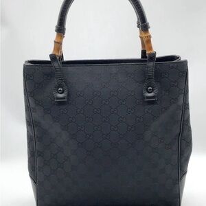 Authentic Gucci GG Canvas Bamboo Tote Bag Black Leather 112530 Shoulder Handbag